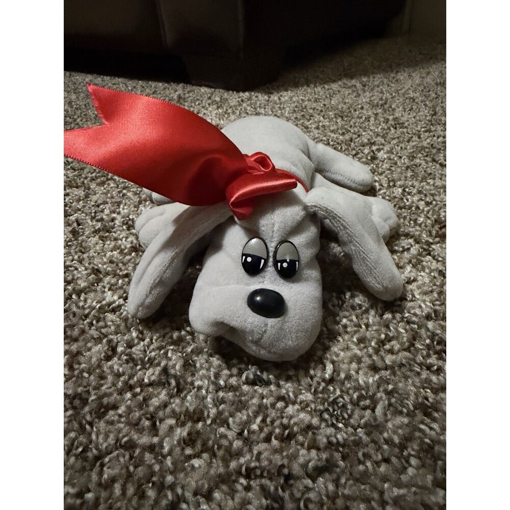Vintage Pound Puppies Gray Puppy Plush Red Satin Bow Small Stuffed Animal Toy